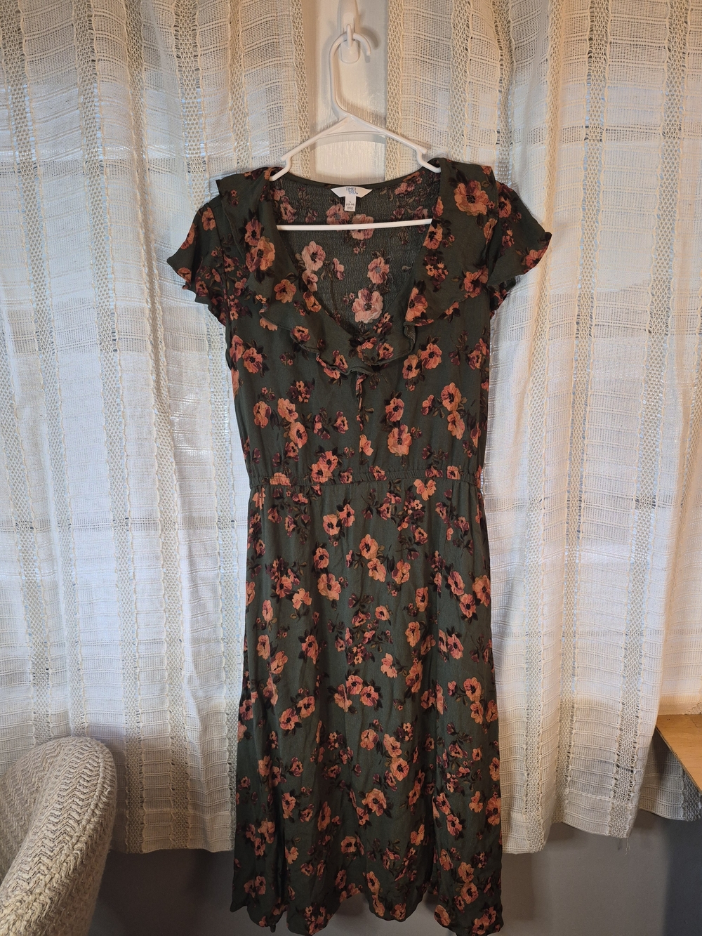 Time and Tru Olive Midi Dress with Floral Print Size L